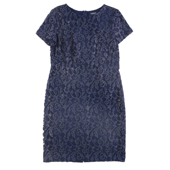 Lauren Ralph Lauren Women’s Christiana Dress 16 Navy Blue Floral Sheath Cocktail - Picture 1 of 16